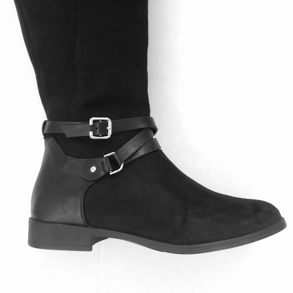 XOXO THAMES Low Block Heel OTK Black Faux Suede Boots Buckle Accent Zipper 8.5M - Picture 12 of 16